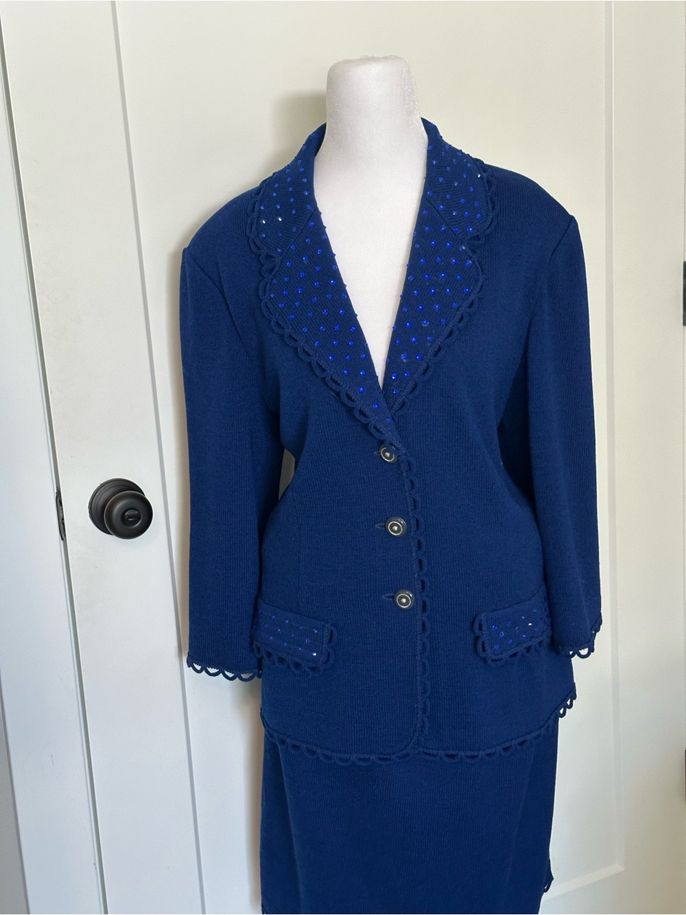 St. John Royal Blue Knit skirt suit with Scalloped Trim